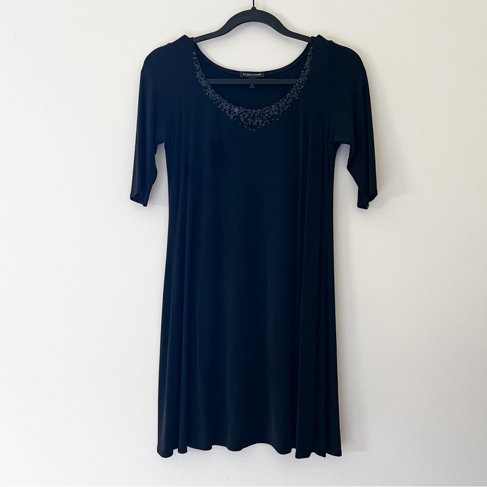 eileen fisher | 100% silk black tunic dress beaded neckline XS